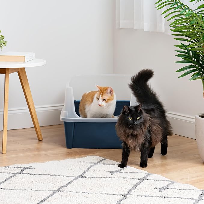 IRIS USA Extra Large Litter Box XXL Open Top High Sided Walls Scatter Shield Scoop Included Easy Clean Plastic Pan for Big Cats Multi-Cat Households 30" L x 20" W x 14" H Navy