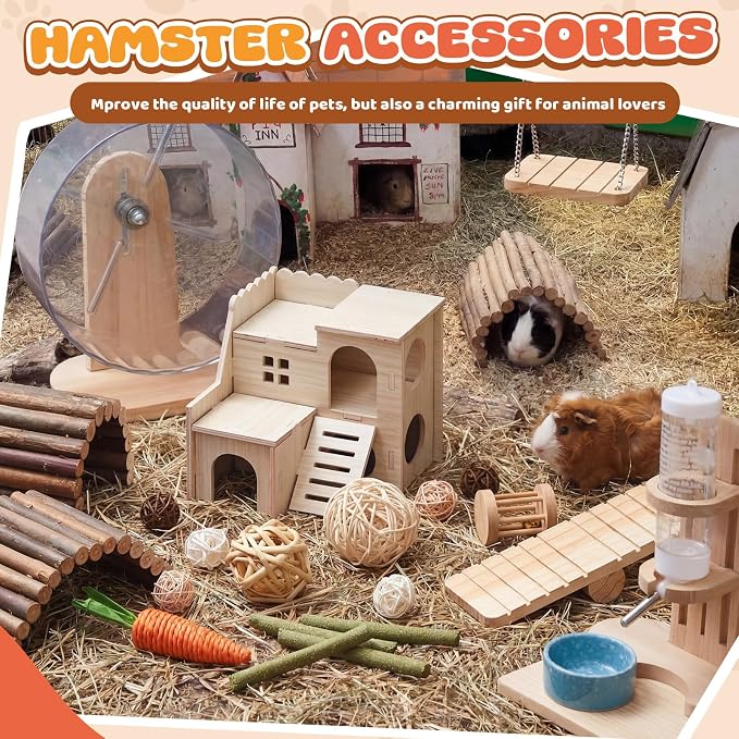 40 Pcs Hamster Cage Accessories, 9.5'' Exercise Wheel, Wood Platform Hideout House, Water Bottle, Sand Bath, Bowl, Chew Toy for Syrian Hamsters Mice Gerbils Habitat Decor(Active Style)