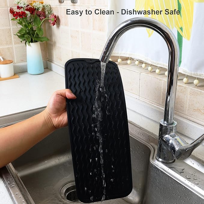 ZLR 2 Pcs Small Dish Drying Mat (6" x 17" / 153 x 433mm) - Narrow Silicone Drainer for Kitchen Counter, Apartment & RV - Compact Sponge Holder & Sink Caddy Tray, Non-Slip Food-Grade Silicone (Black)