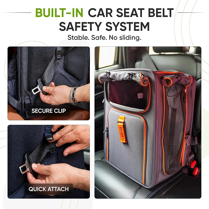 Premium Expandable Cat Carrier Backpack with Car Seat Belt Safety System – Rigid Frame Pet Carrier Backpack for Cats & Small Dogs up to 25 lbs – Breathable, Durable – Includes Bottle & Feeding Bowl