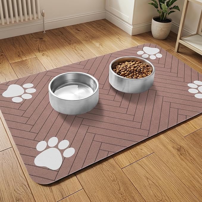 Pet Feeding Mat-Absorbent Dog Feeding Mat for Food and Water Bowl,No Stains Pet Placemat,Quick Drying Water Dispenser Mat for Dog and Cat,Easy to Clean Dog Accessories(S,Dark Brown White Paw)