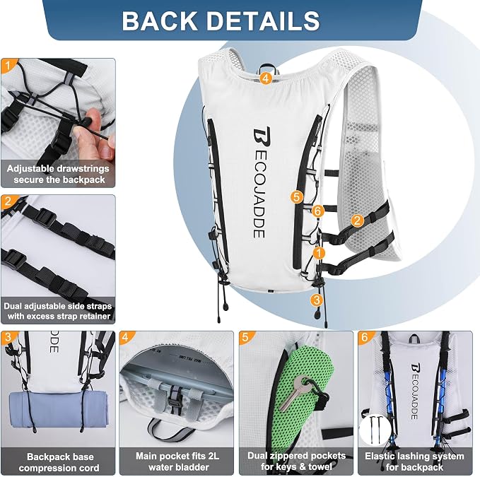 BECOJADDE Running Vest Hydration Backpack for Men Women, 5L Lightweight Running Backpack Hydration Pack for Marathon, Trail, Cycling, Hiking, Jogging