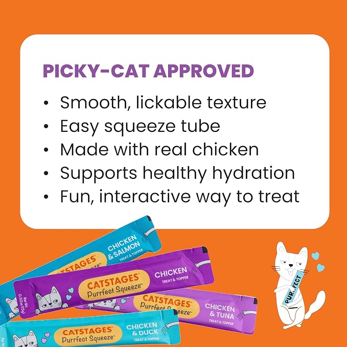 Catstages Purrfect Squeeze Lickable Wet Cat Treats, Creamy Purée Treat & Topper, Made with Real Chicken, Clean Ingredients, No Artificial Preservatives, 0.5 oz Tubes, 50-Count, 4-Flavor Variety Pack