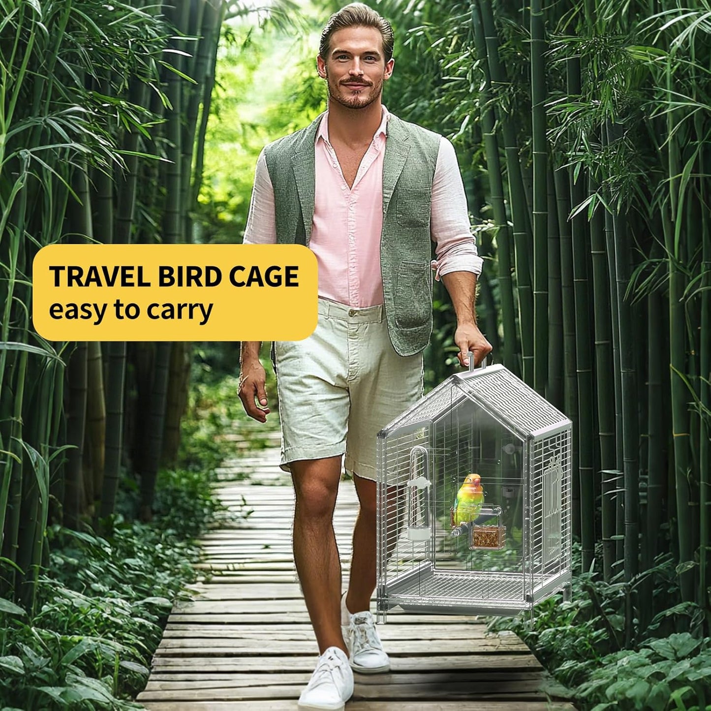 20.5 inch Pet Small Bird Cage, Parrot Cage, Portable Bird Carrier, Temporary Bird Cage in Car, for Home, Outing, Pet Clinic, Temporary Placement, for Small Medium Birds, Clear