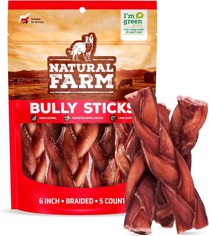 Natural Farm Odor-Free Braided Bully Sticks (6 Inch, 5 Pack) - 100% Grass-Fed Beef, Grain-Free, Low Fat & Fully Digestible Best Dental Treats - Safest Long Lasting Pizzle Chews to Keep Your Dog Busy