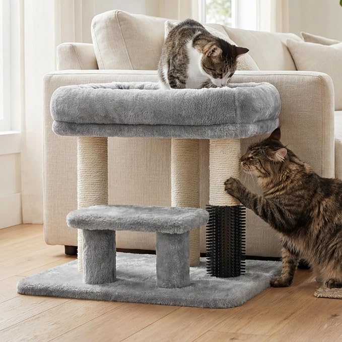 Heybly Cat Scratching Post, Small Cat Tree Tower with 3 Full Sisal Posts, Removable Plush Bed, Grooming Brush, Stable & Space-Saving Cat Furniture with Gentle Step for Indoor Cats, Light Gray HSP001SW