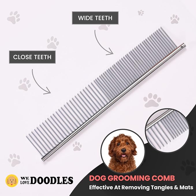 Dog Grooming Scissors Kit & Dog Dematting Rake Bundle - Straight, Curved & Thinning Shears, Grooming Kit, Professional Grade Steel, Detangler Brush for Dogs, Matted Fur Removal on Undercoat