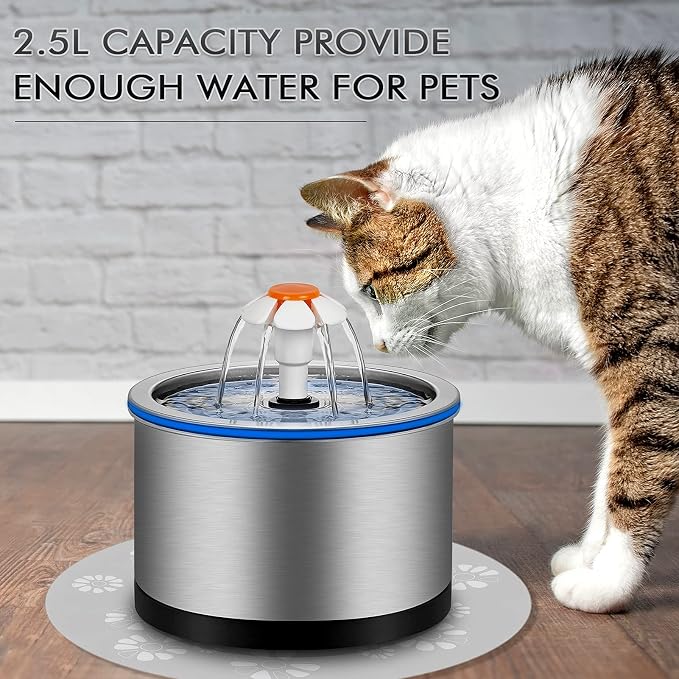 Cat Water Fountain Stainless Steel, 84oz/2.5L Pet Water Fountain with LED Night Light, Automatic Drinking Fountain for Cats, Dogs and Other Pets