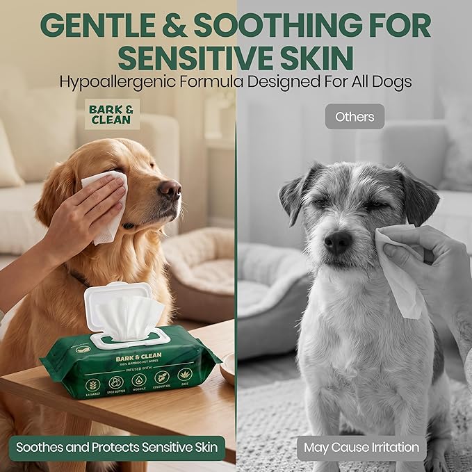 Bark & Clean Dog Wipes for Paws and Butt, 50 Count, Extra Large, Thick 8.5" x 9" Hypoallergenic Bamboo Puppy Compostable Cleaning & Deodorizing Grooming Wipes with Lavender