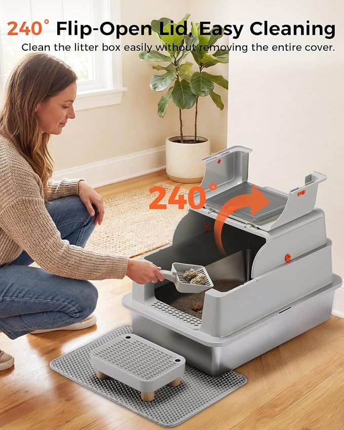 XXXL Stainless Steel Cat Litter Box with Lid, 27.5"×20.1"×17.3" Jumbo Enclosed Litterbox,Dual-Entry (Front Entry & Top Exit),High-Sided,Non-Stick,Odor Control,for Big Cats, with Mat,Scoop & Step,Grey