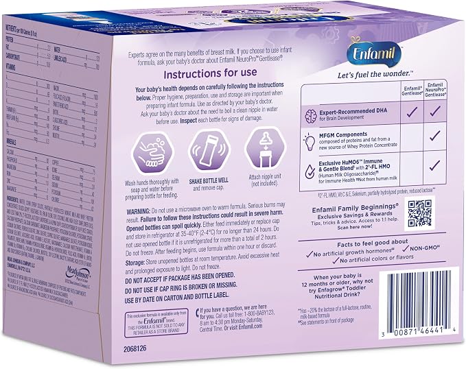 Enfamil NeuroPro Gentlease Ready-to-Feed with Smaller Proteins for Easy Digestion, Brain Supporting DHA, Prebiotic, HuMO6* Blend, Baby Formula for easing Fussiness, Crying, Gas, Spit-up in 24hrs, 2 Fl Oz, 6 Count (Pack of 8)