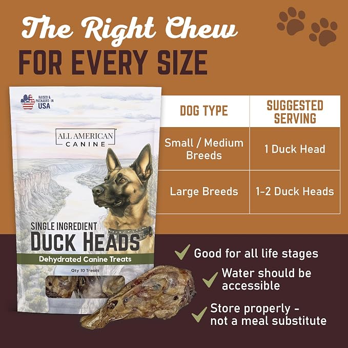 All American Canine 30 Natural Duck Head Dog Treats – Single Ingredient, Dehydrated & Digestible – Low-Fat, High-Protein Chew for Training & Dental Health – Made in USA