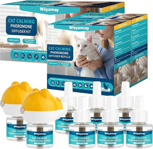 Woyamay10-in-1 Cat Calming Diffuser - Cat Pheromones Calming Diffuser for Cat Anxiety Relief, Cat Pheromone Diffuser Kit with 2 Diffuser + 8 Refill 48ml Vial - 240 Days Pheromone Diffuser to Calm Cats