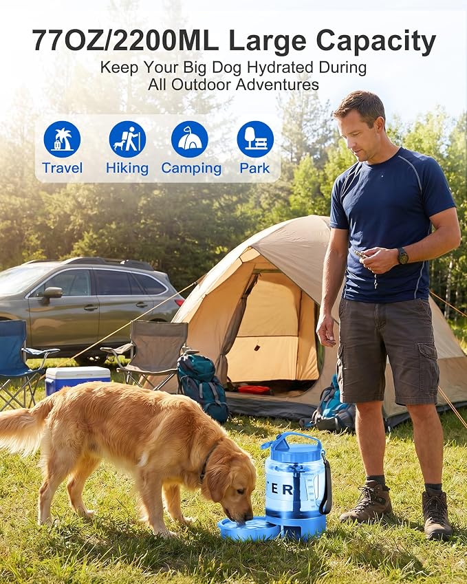77oz Dog Water Dispenser, 2.2L Large Portable Dog Water Bottle with Pull-Out Drinking Bowl, BPA Free Leak-Proof Pet Travel Water Container for Camping, Hiking, Beach, Car Travel Essentials - Blue