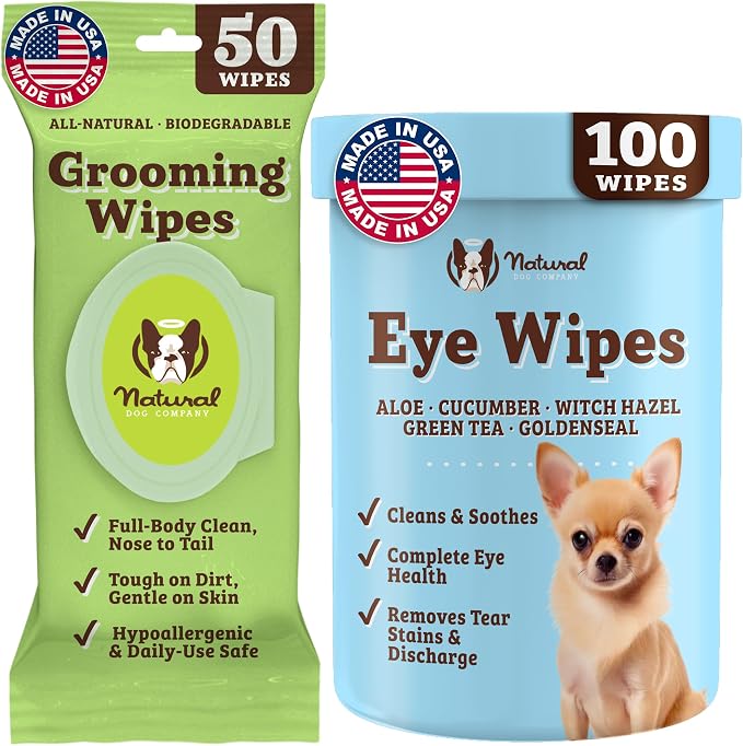 Natural Dog Company Eye & Grooming Wipes Bundle for Dogs – Tear Stain Remover & Full-Body Deodorizing Wipes with Green Tea, Goldenseal & Aloe – Hypoallergenic, Vegan – 100 ct + 50 ct