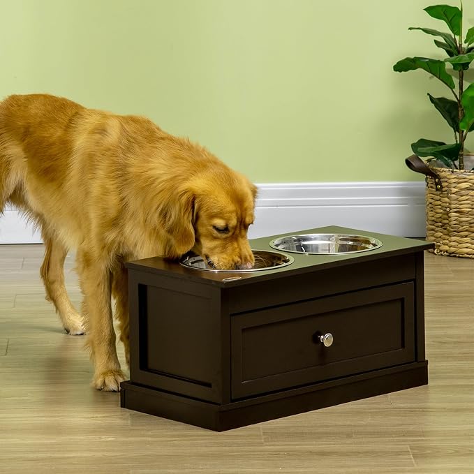 PawHut Large Elevated Dog Bowls with Storage Drawer - 11L Capacity, Raised Dog Bowl Stand Feeding Station, Brown