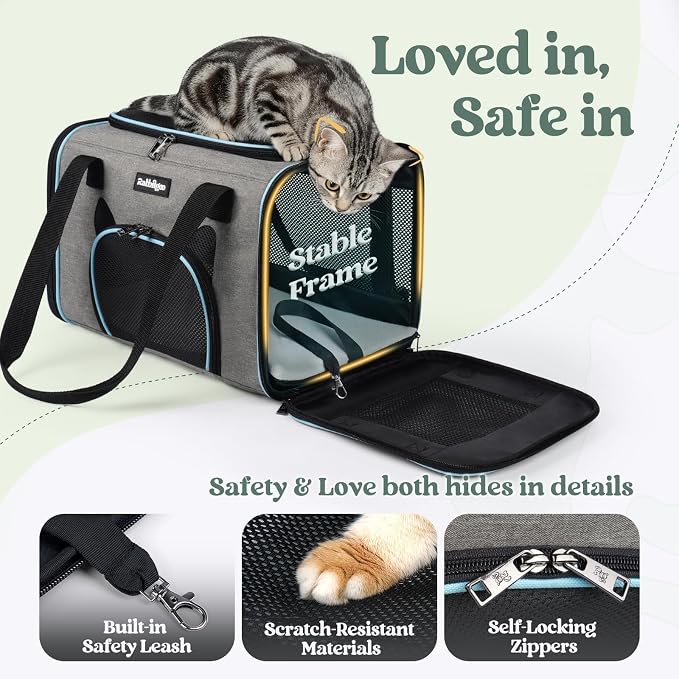 rabbitgoo Cat Carrier Soft Sided, Stable Portable Pet Carrier with Safety Buckles for Car Travel Vet Visit Airline, Comfortable Breathable Kitten Bag for Small Medium Cat, Grey, 17x11x11 inch