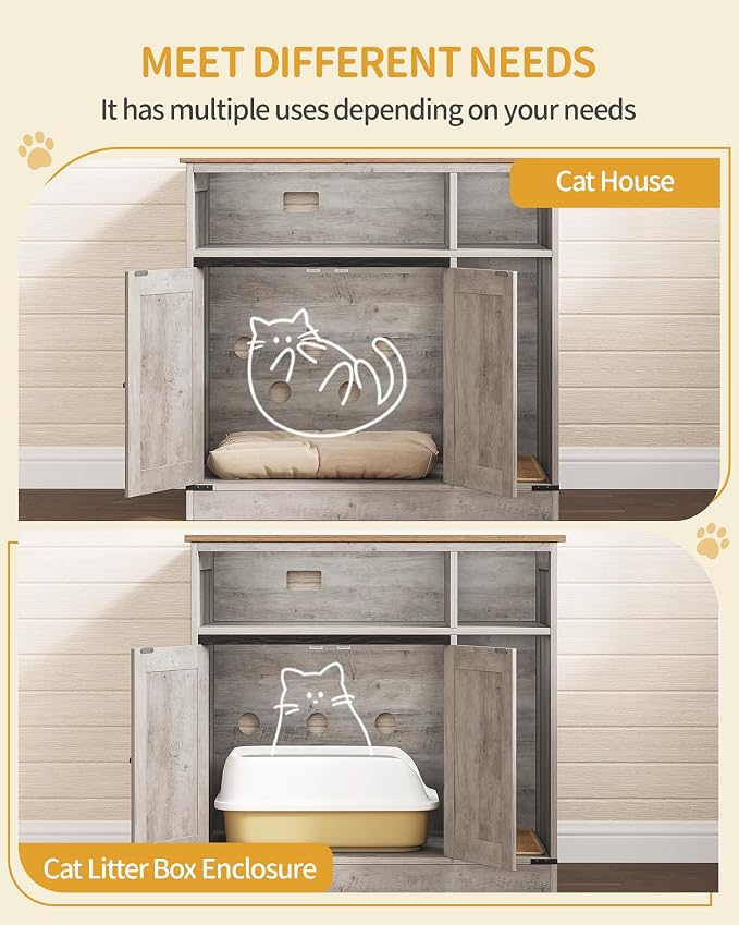 Hzuaneri Cat Litter Box Enclosure, Hidden Litter Box Furniture with Storage, Wooden Cat Cabinet with Scratch Pad, Farmhouse Cat Washroom, TV Stand End Table, Greige CB87505X