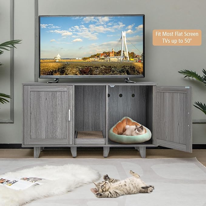 Tangkula Patented Double Cat Litter Box Enclosure for 2 Cats, Large Stackable Hidden Privacy Cat Washroom Cabinet with Scratching Board, Indoor Cat House TV Stand, Litter Box Furniture (Grey Oak)