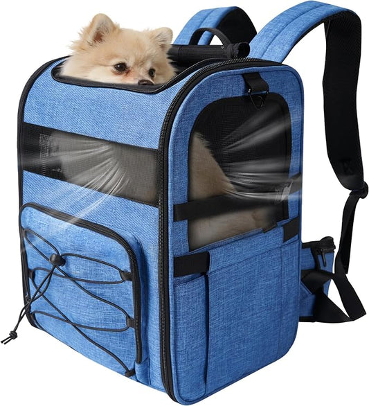 Dog Carrier Backpack for Small Dogs - Breathable Mesh Hiking Bag with Safety Buckle, Adjustable Straps and Elevated Pad - Durable for Hiking (Fits Small Cats Too, Up to 17lbs, Blue)