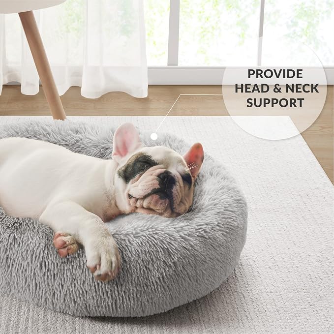 Friends Forever Serena Donut Memory Foam Orthopedic Dog Bed, Soft Faux Fur Oval Cat Couch For Indoor Pet, Fluffy Calming Plush Shag, Round Raised Bolster Cushion, Machine Washable Cuddler, Grey