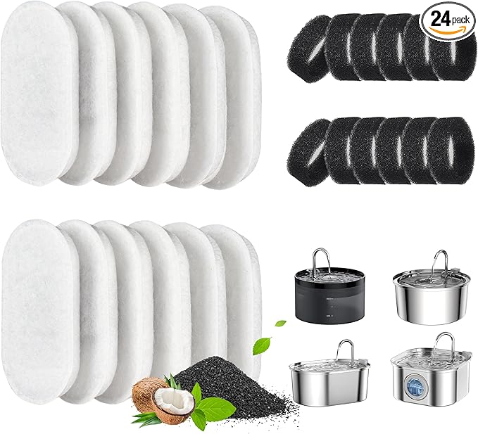 Cat Water Fountain Filter, 24 Pack Cat Fountain Filters, Cat Fountain Replacement Filters for 67oz/2L&108oz/3.2L Cat Water Fountain, Pet Water Fountain Filters (12 Filters&12 Sponges)