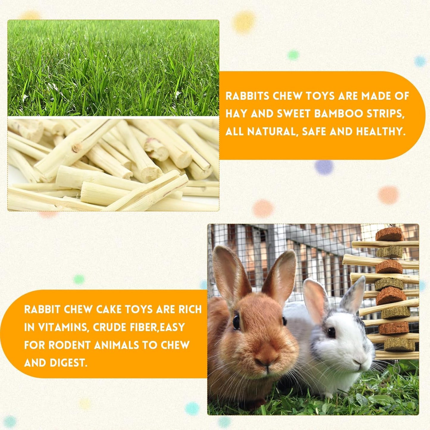 kathson 4 Pcs Bunny Chew Toys for Teeth,Rabbit Hanging Chew Toy Grinding Natural Sweet Bamboo Sticks with Timothy Hay Grass and Carrot Cake for Improve Rodent Small Animals Dental Health