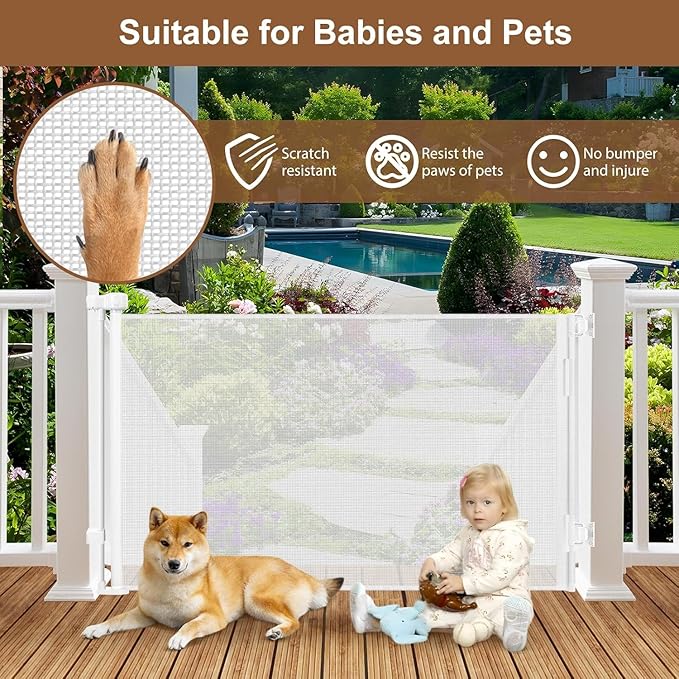 100" Wide Weatherproof Outdoor Retractable Gate for Dogs with No Rust Screws and Rods, Waterproof 8 Ft Extra Long Baby Gates for Large Openings, Scratch-Resistant Mesh Retractable Baby Gates, White