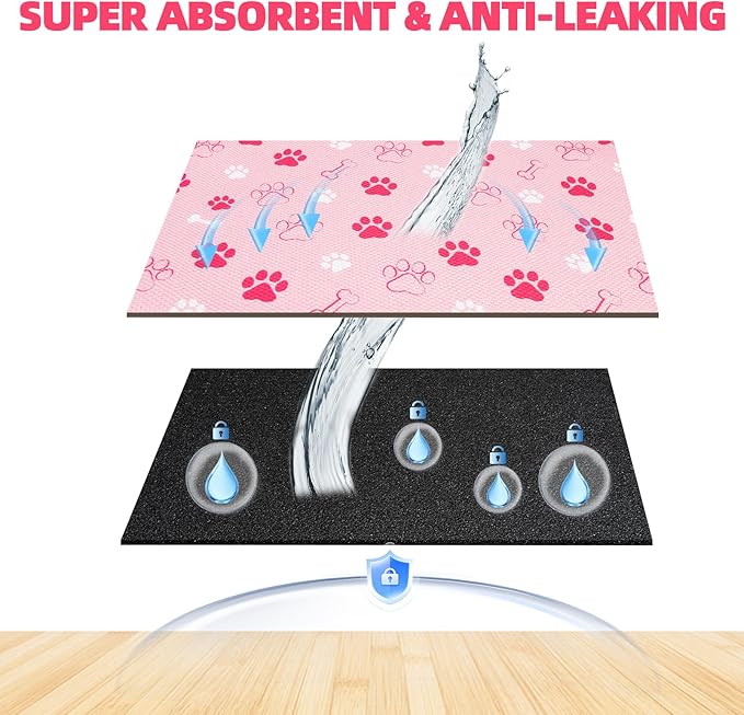 PUPTECK Dog Food Mat, Absorbent Pet Cat Feeding Mat for Food and Water Bowls, Anti-Slip Dog Placemat for Floors Waterproof, Pet Supplies Accessories, Pink S