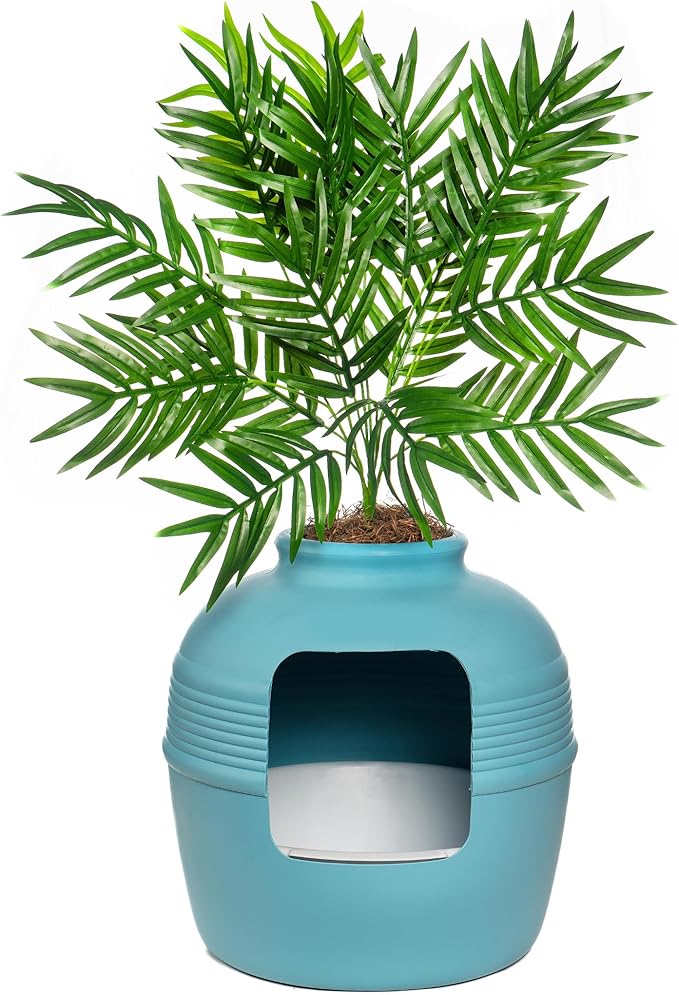 Good Pet Stuff Original Hidden Litter Box Planter, Decorative Cat Litter Enclosure, Carbon Filter, Faux Plant, Easy to Clean, Round Design, Removable Tray, Essentials Kit, Palm Plant, Coastal Blue
