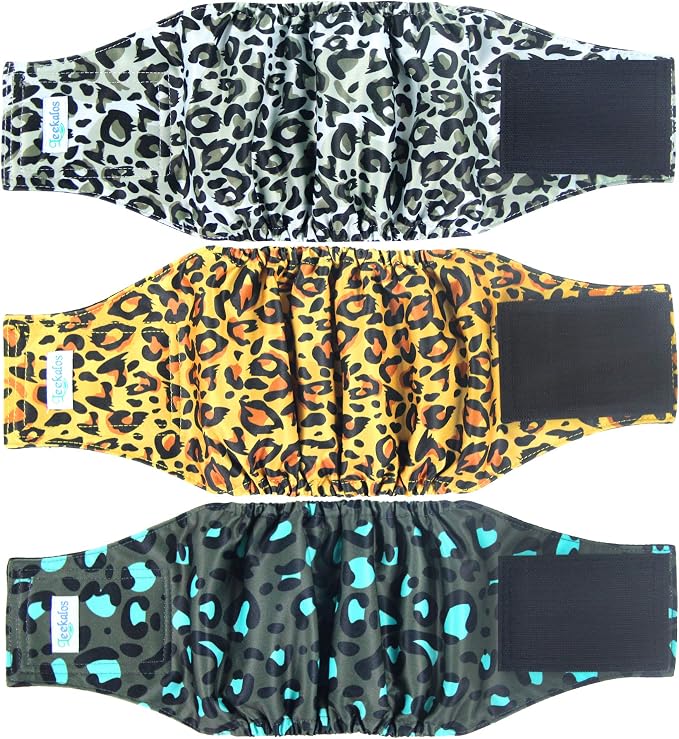 Leekalos Male Dog Diapers (3 Pack), High Absorbing Dog Belly Bands for Male Dogs, Washable Reusable Dog Male Wraps (Large, Leopard)
