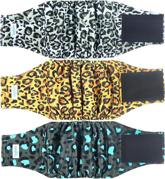 Leekalos Male Dog Diapers (3 Pack), High Absorbing Dog Belly Bands for Male Dogs, Washable Reusable Dog Male Wraps (Medium, Leopard)