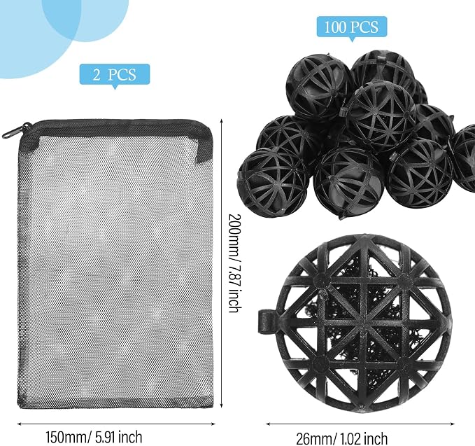 CHENGU 100 Pcs Bio Filter Balls Black Bio Balls for Aquarium Filter Pond Filters 1.02 Inch Internal Bioballs Filters Media with 2 Pieces Aquarium Media Bags Mesh Bags with Zipper for Fish Tank Pond