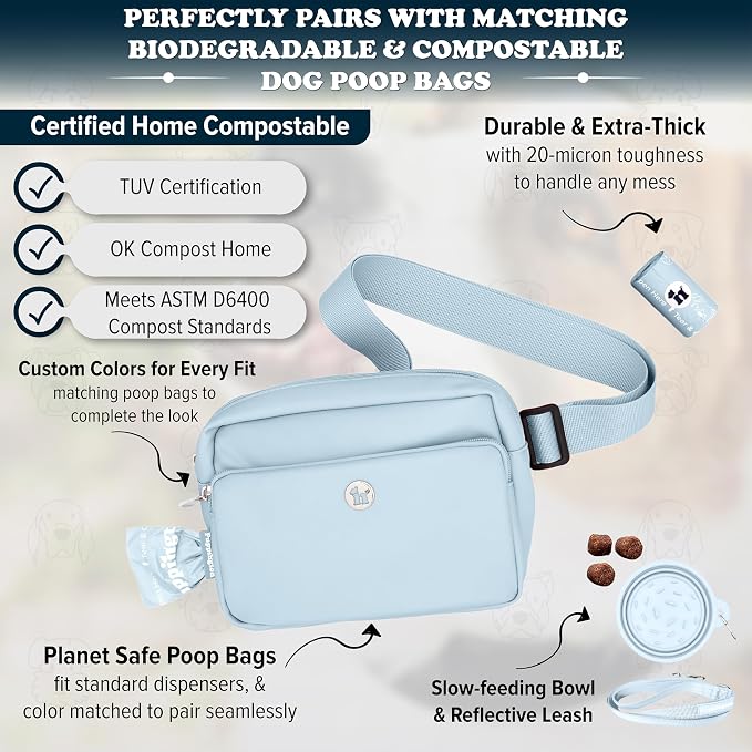 Puppington 3-in-1 Crossbody Dog Treat Pouch for Pet Training - Compostable Poop Bags, Built-In Poop Bag Dispenser, Slow-Feeding Travel Dog Bowl & Reflective Leash - Dog Walking Bag (Ice Blue)