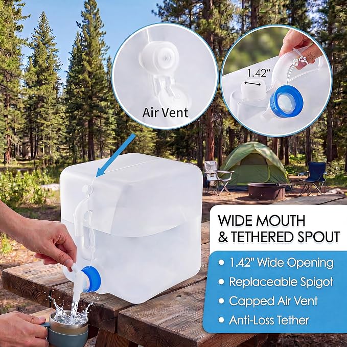 Collapsible Water Container with Spigot, 2×2.6 Gallon BPA Free Camping Water Storage Jug Carrier for Outdoors Hiking Backpack RV&Emergency, Survival Water Canteen-Portable Foldable Transparent