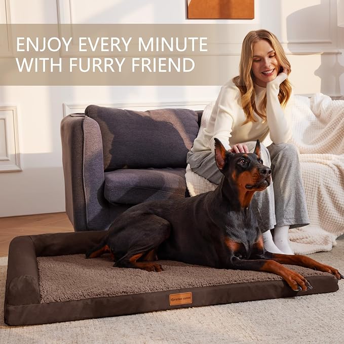 Patas Lague Orthopedic XL Dog Bed Large Sized Dog 48''X30'', Waterproof L Bolster Big Large Pet Sofa Beds with Removable Washable Cover, Soft Pet Couch Crate Mat with Nonskid Bottom, Brown