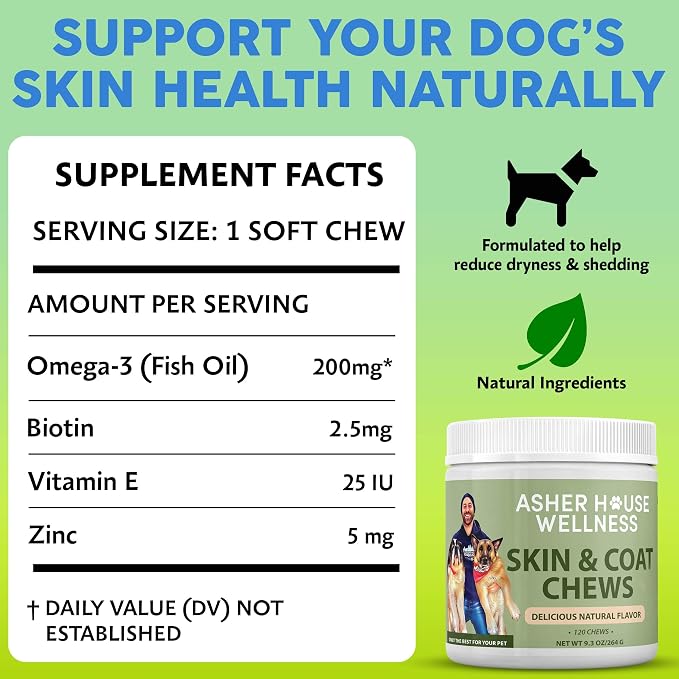 Asher House Wellness Skin & Coat Chews - Now Lillie & Lee - Dog Itching Skin Relief with Omega 3, 6, 9, Fish Oil, Biotin - Dogs Itchy Paw Licking Chewable Treats - 120 Soft Chews