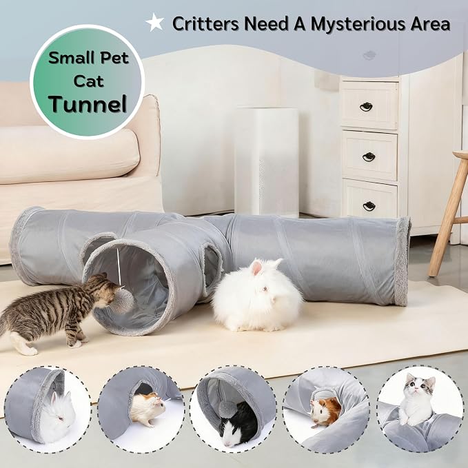 JanYoo Rabbit Bunny Tunnel Hideout Bunny Toys for Rabbits Guinea Pig Accessories Ferret Kitty 3 Ways Collapsible Tunnels (Solid Grey)