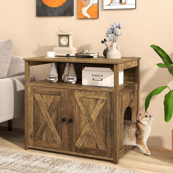 PETSITE Cat Litter Box Enclosure, Farmhouse Litterbox Enclosure Furniture with Double Doors and Open Shelf, Wooden Cat Hidden Litter Box Buffet Cabinet, Retro Style Litter Box Cabinet