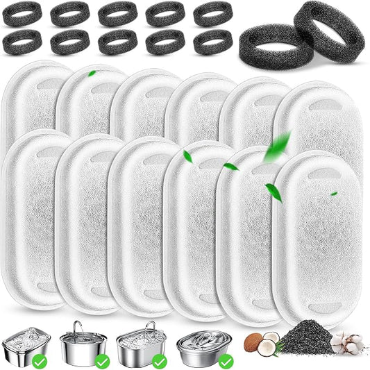 Cat Water Fountain Filter Replacement, 12 Pcs Cat Filters Pet Water Fountain Filter with 12 Pcs Sponges Foam for 67oz/2L & 108oz/3.2L Stainless Steel Automatic Cats Water Fountain Dispenser Filters