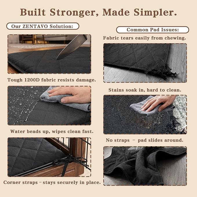 47"x28" Indestructible Dog Bed, Orthopedic High-Density Foam, Chew Resistant Waterproof Crate Mat, Corner Straps for Aggressive Chewers, Machine Washable with De-Shedding Glove, XL