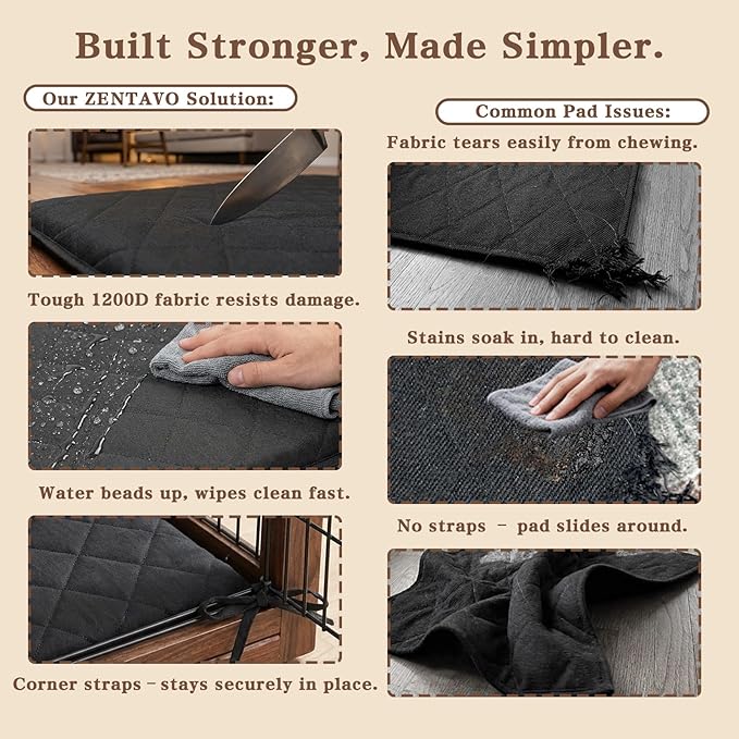 41"x27" Indestructible Dog Bed, Orthopedic High-Density Foam, Chew Resistant Waterproof Crate Mat, Corner Straps for Aggressive Chewers, Machine Washable with De-Shedding Glove, L