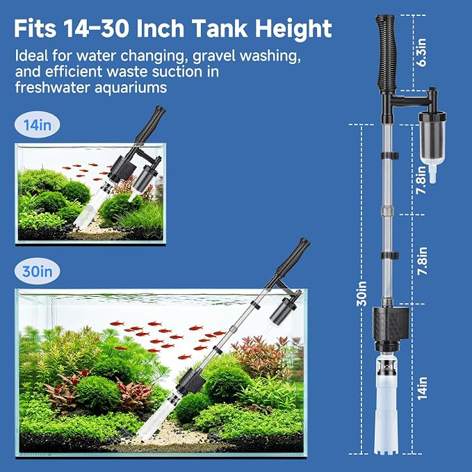AQQA Aquarium Gravel Vacuum Cleaner, 8-in-1 Electric Fish Tank Cleaner with Automatic Water Change, 320GPH Strong Suction, Anti-Clog Gravel Barrier, Sand Washer, Vacuum Cleaner for 14-30in Tank Height