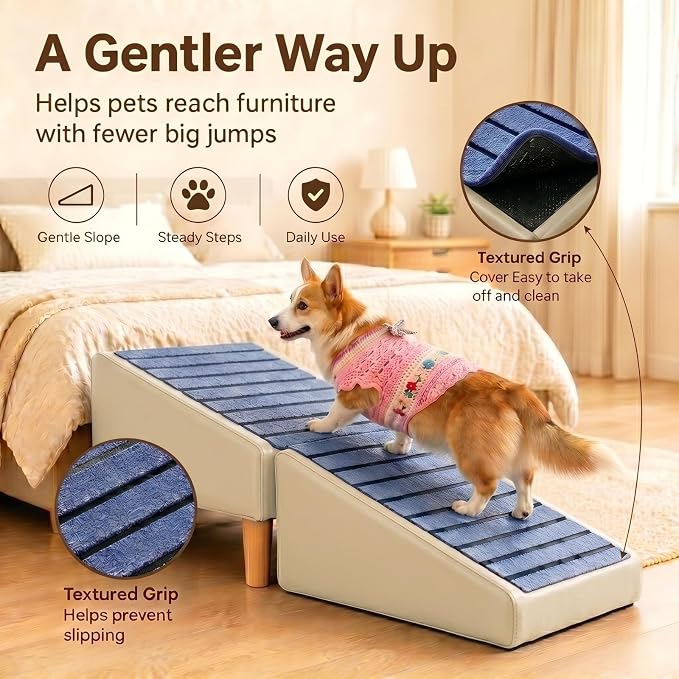 Dog Stairs for Small Dogs, Dog Stairs for Couch& Bed, Non-Slip Foldable 2-in-1 Pet Steps for Cats, Leather Ottoman (Khaki, Large)