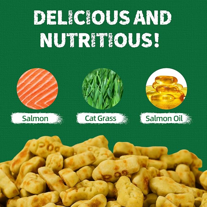 Just Try 36 OZ Cat Grass Treats Salmon Oil Natural Salmon Kitten Healthy Cat Treats Training Biscuits Snacks Fish Oil Omega 3 Supplements for Cats Joint Support & Skin Coat Health