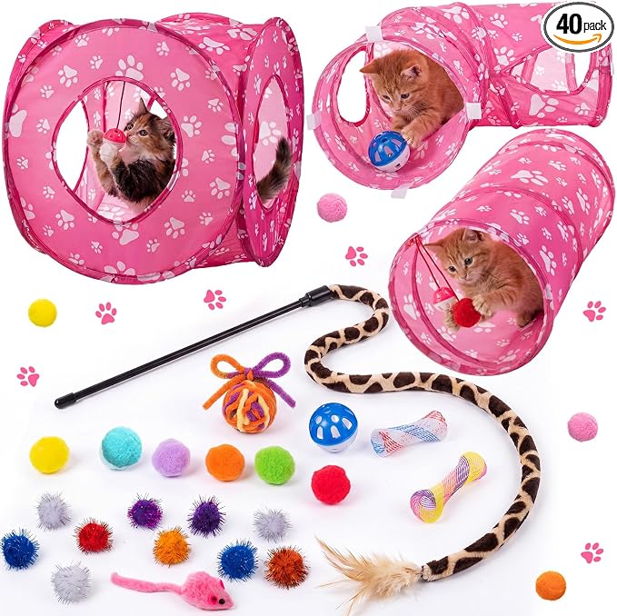 Leitee 40 Pcs Cat Toys Kitten Toys Assortments, Variety Toy Set Including 3 Pink Cat Paws Way Tunnel, Cats Feather Teaser, Fuzzy Mice, Crinkly Ball, Springs, Colorful Balls and Bells for Indoor Pet