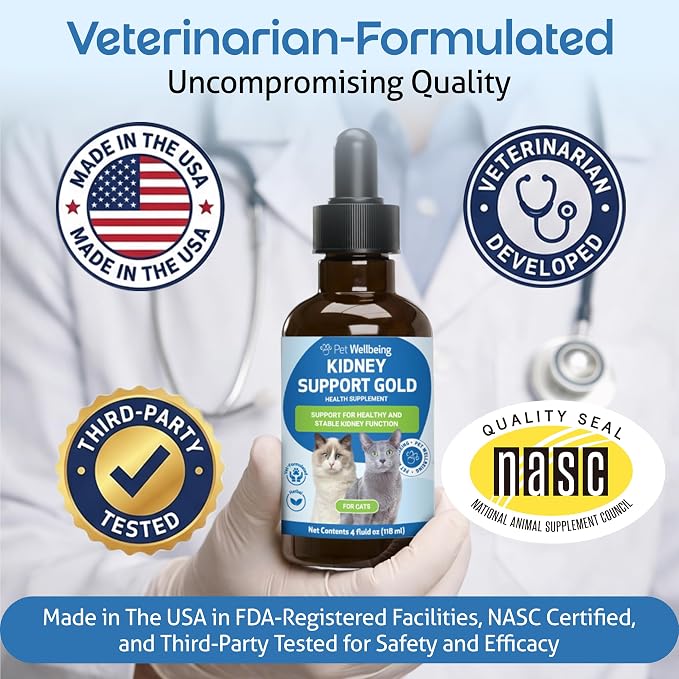Pet Wellbeing Kidney Support Gold for Cats - Supports Normal Kidney Function & Detox, Healthy Hydration & Energy with Rehmannia & Dong Quai - NASC Certified & Vet-Formulated - 4 oz Liquid Formula