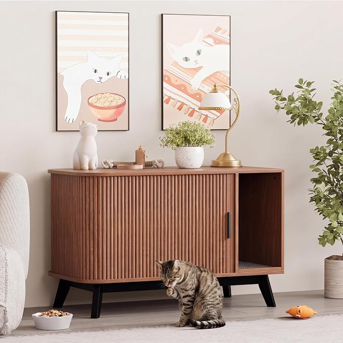 Garvee Cat Litter Box Enclosure, 39" Litter Box Enclosure Furniture Hidden Litter Box with Cat Litter Mat and Sliding Door, Modern Indoor Cat House, Side End Table for Living Room, Walnut