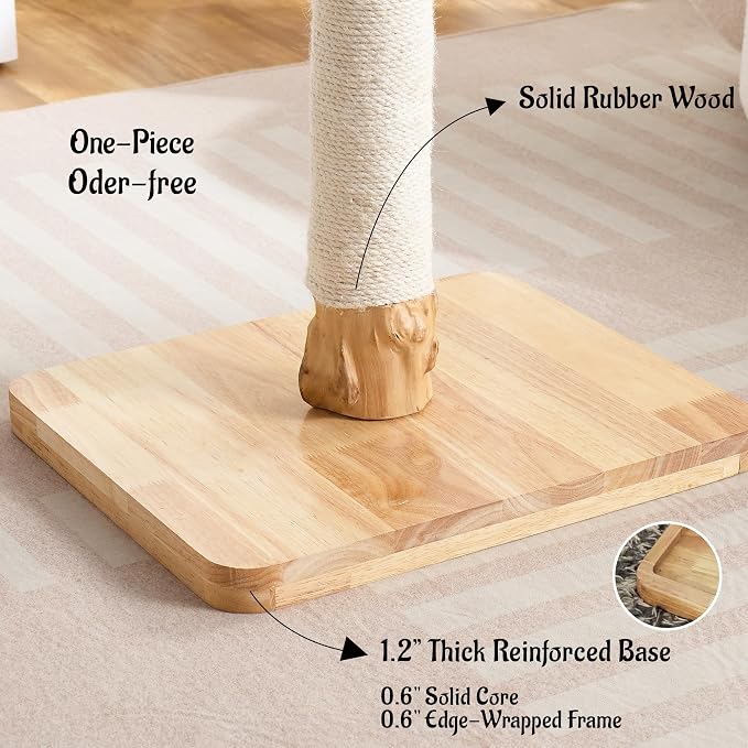 29" Tall Solid Wood Cat Scratching Post for Indoor Cats, Extra Stable Heavy Base, Natural Sisal Scratcher with Hanging Ball, Furniture Protector for Kittens & Adult Cats, White