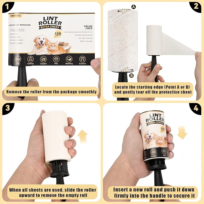 Extra Sticky Lint Roller Refills Only (No Handle Included), 10 Pack – 1200 Sheets Total, Pet Hair Remover Refills for Clothes, Furniture & Couch, Dog & Cat Hair, Animal Fur & Lint, Easy-Tear Sheets